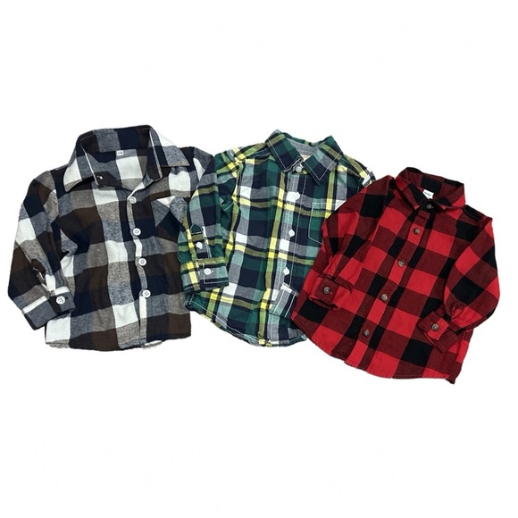 Other - BUNDLE of 3 Button Up Long Sleeve Flannel Shirts Toddler Boy Set size 12 - 18 mn